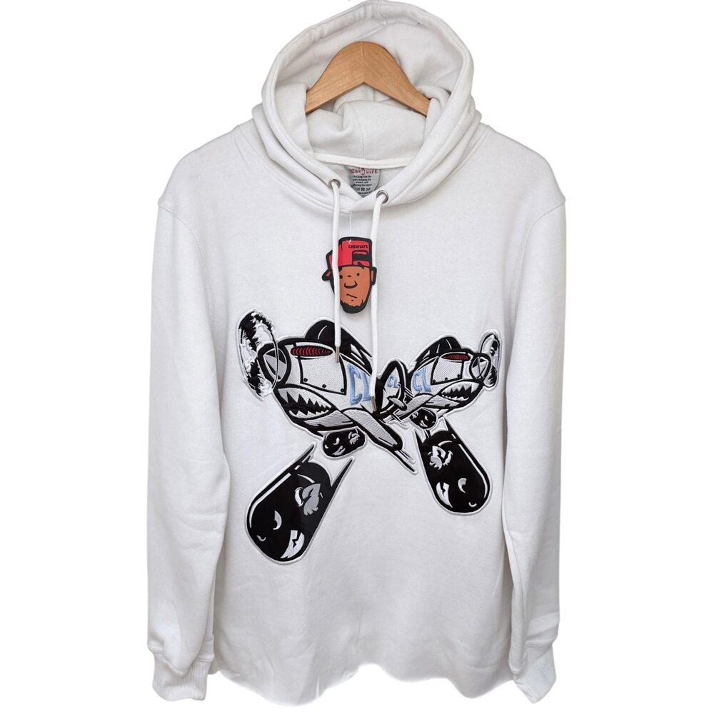 Crew Lyfe Cartoon aircraft and bombs Pullover Hoodie Men's S White Applique